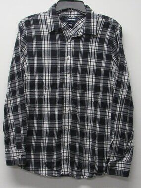 Lands End Black White Plaid Flannel Button Front Shirt Blouse Top Women's sz 14